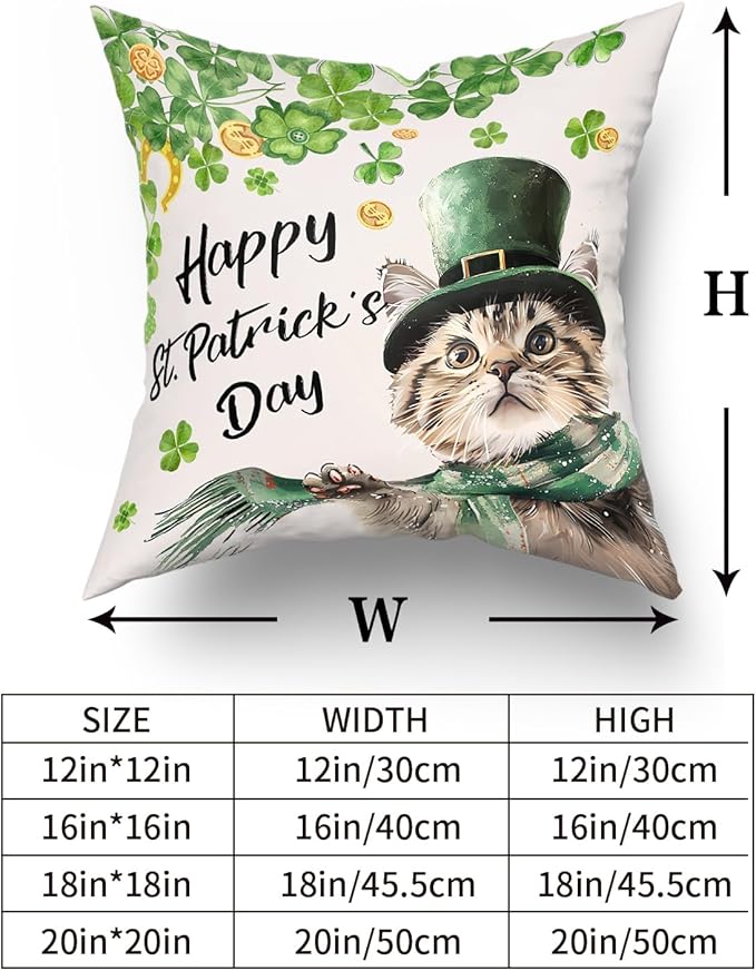 Giwawa Patrick Cat Throw Pillow Covers Set of 2, 16x16in Happy St Patrick's Day Kitten Decorative Square Pillow Cases, Clover Shamrock Soft Cotton Cushion Covers for Sofa Couch Bedding Decor
