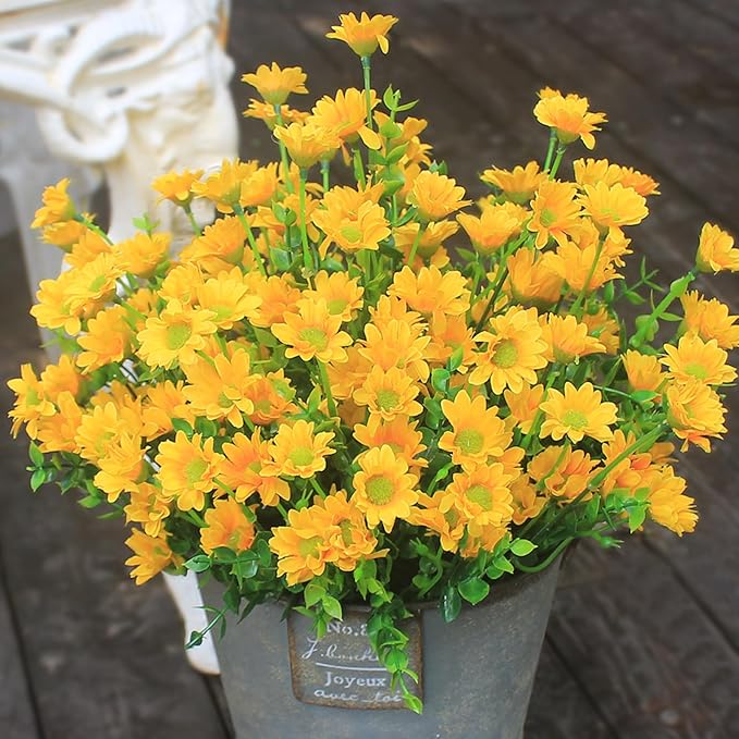 Yellow Artificial Outdoor Flowers Fake Mums 8 Bundles Flower Realistic Wild Flower Cemetery Daisy Stems Faux Plants for Outdoors Planter Front Porch Patio Decor