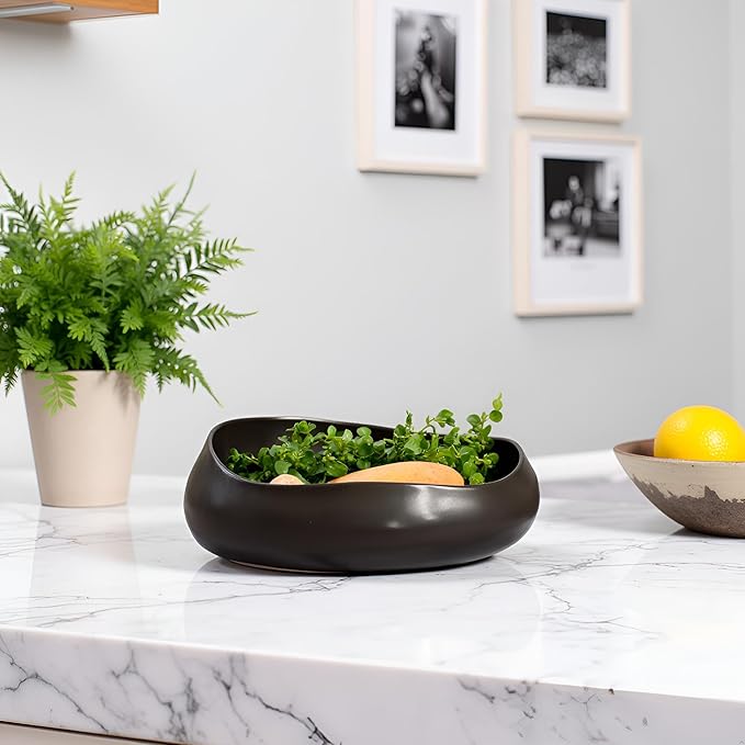 Decorative Bowl Handmade Reactive Glaze Stonewre Fruit Bowl for Kitchen Counter Ceramic Bowl Dining Room Table Centerpiecekey for Entryway Table|Dishwasher & Microwave Safe 8"(Black)