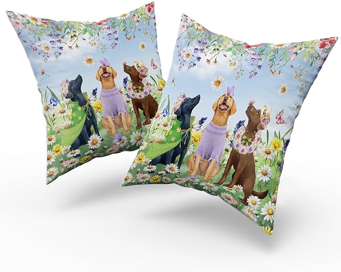 Giwawa 2PCs Spring Dogs Throw Pillow Covers, 20"x20" Colorful Wildflowers Funny Puppy Decorative Square Pillow Cases, Watercolor Floral Animal Cotton Cushion Covers Sofa Porch Bedding Decor