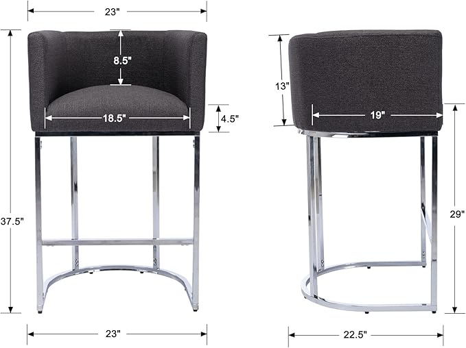 Modern Counter Height Linen Upholstered Bar Stools Set of 4, 29" Kitchen Counter Island Stools Bar Chairs with Chrome Finish Metal Frame for Kitchen Island, Charcoal