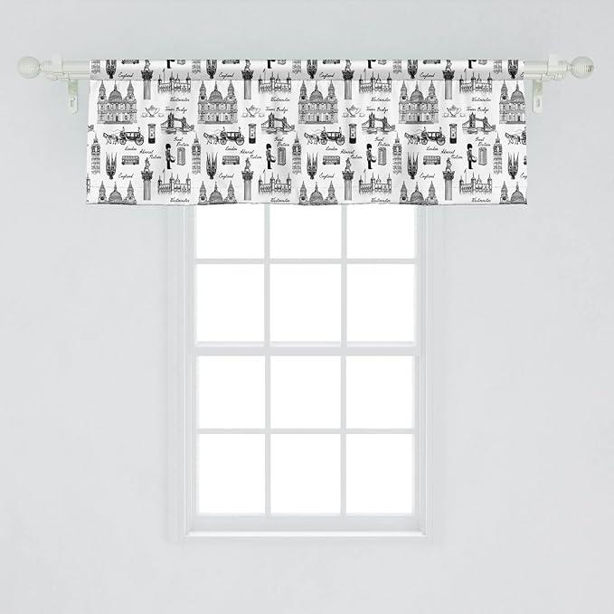 Lunarable Sketch Window Valance Pack of 2, Famous Architectural Monuments and of England Historical London Travel, Rod Pocket Curtain Valances for Kitchen Bedroom, 54" X 18", Charcoal Black