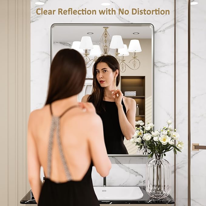 LOAAO 30X36 Inch Brushed Nickel Bathroom Mirror, Rounded Rectangle Silver Metal Frame Mirror, Brushed Nickel, Anti-Rust, Shatter Proof, Hangs Horizontally or Vertically