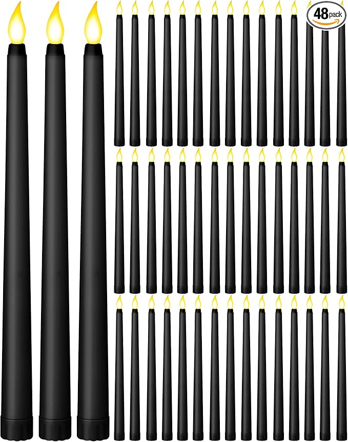 Funtery 48 Pcs Black Flameless Taper Candles 11 Inch Halloween Battery Operated Candles Bulk LED Candlesticks Flickering for Halloween Party Indoor Decoration