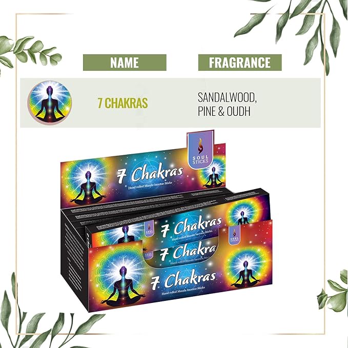 SOUL STICKS Hand-Rolled Incense Sticks Divine Spirit Blends 180 Gram Box | 100% Natural Masala Incense Organic Home Fragrance Agarbatti (7 Chakras)