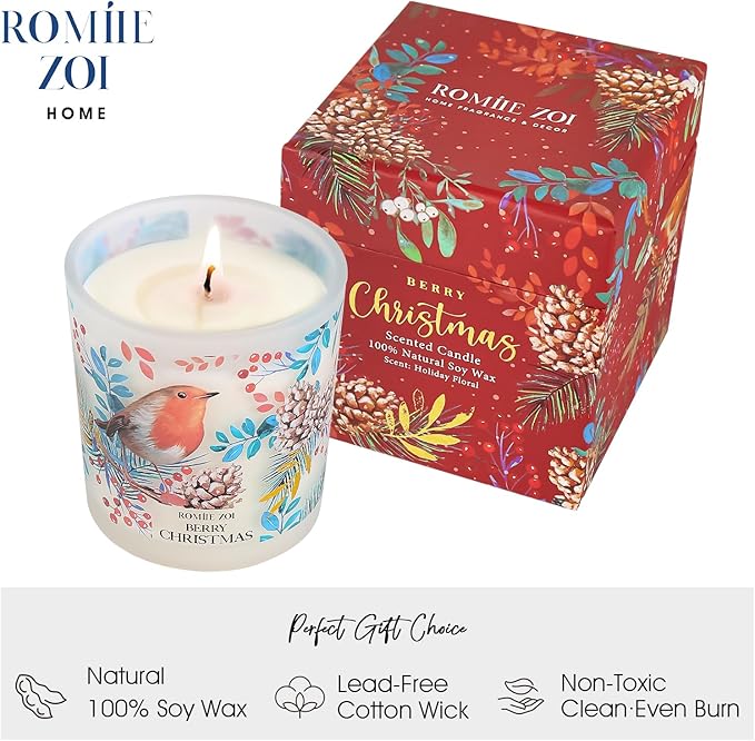 ROMIIE ZOI Christmas Scented Jar Candle - 6oz Soy Wax Candle - Berry Christmas Infused with Holiday Floral Aroma - with Beautiful Keepsake Box Special for Christmas/Holiday Gifts