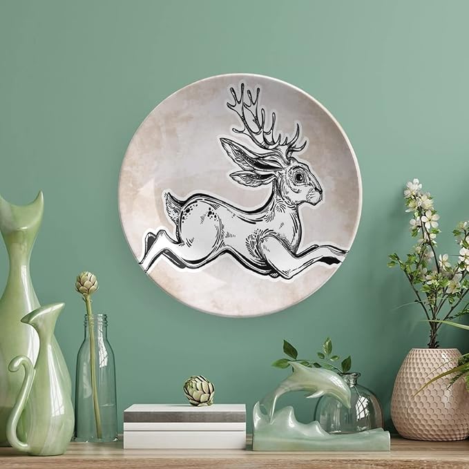 XISUNYA 6 Inch Decorative Plate, Antler Decor Ceramic Stoneware, Magical Creature Running Sketch Mythology Print Ceramic Wall Hanging for Home Office Party Dinner Table Decor