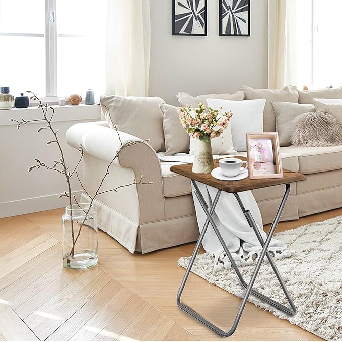 Tv Trays Folding Tv Table, Dinner Table for Eating with Sturdy Metal Frame, Small Foldable Snack Trays Table for Living Room, Couch,Sofa, Bed, No Assembly Required,15 x 18.9in(Yellow Brown,1pcs)