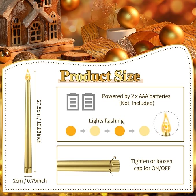 Honoson 4 Pieces Halloween LED Taper Advent Candles Flameless Taper Flickering Candles for Halloween Christmas Advent Rituals Holidays Church, Celebration Home Decor(Gold,Classic Style)