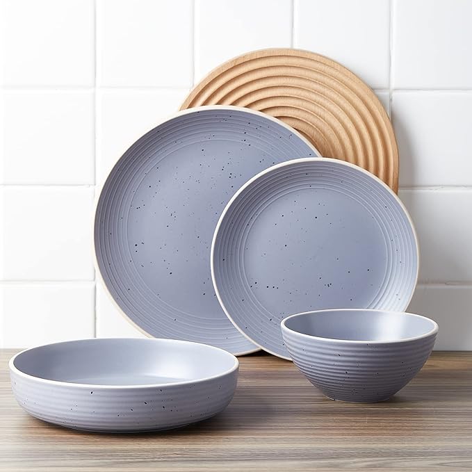 Stone Lain Lauren Stoneware, Rustic Plates and Bowls Set, Dinnerware, Service for 4, Speckled Light Gray, Dishwasher & Microwave Safe, 16-Piece
