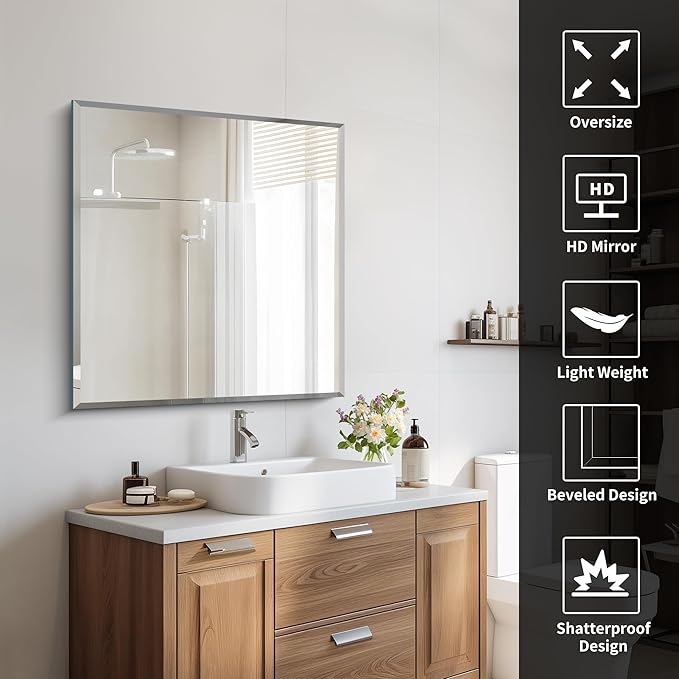Beveled Mirror, 30x30 inch Square Bathroom Mirrors for Wall, Upgraded Shatterproof Frameless Vanity Mirror Over Sink with Beveled Edge for Bathroom,Bedroom,Living Room and Entryway