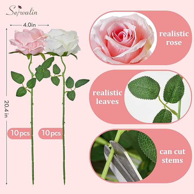 Serwalin 20pcs Artificial Pink & White Roses, 4'' Big Flower Head, Fake Velvet Roses, Silk Roses Long Stems Realistic Bouquet for Wedding Parties Table Centerpiece and Home Decor