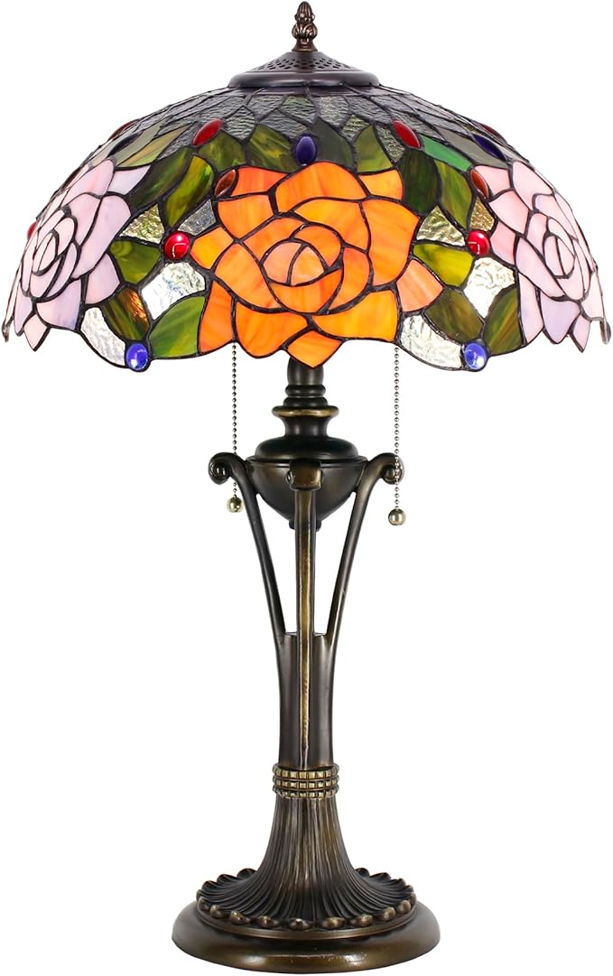 Tiffany Table Lamp Orange Purple Stained Glass Desk Lamp 16X16X24 Inches Rose Flower Style Reading Light