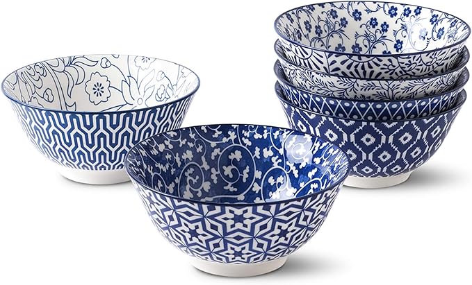 Selamica Blue and White Porcelain 20oz Cereal Bowl Set - Set of 6, 6 inch Soup Bowls, Ceramic bowls for Cereal, Soup, Salad and Pasta, Vintage Blue