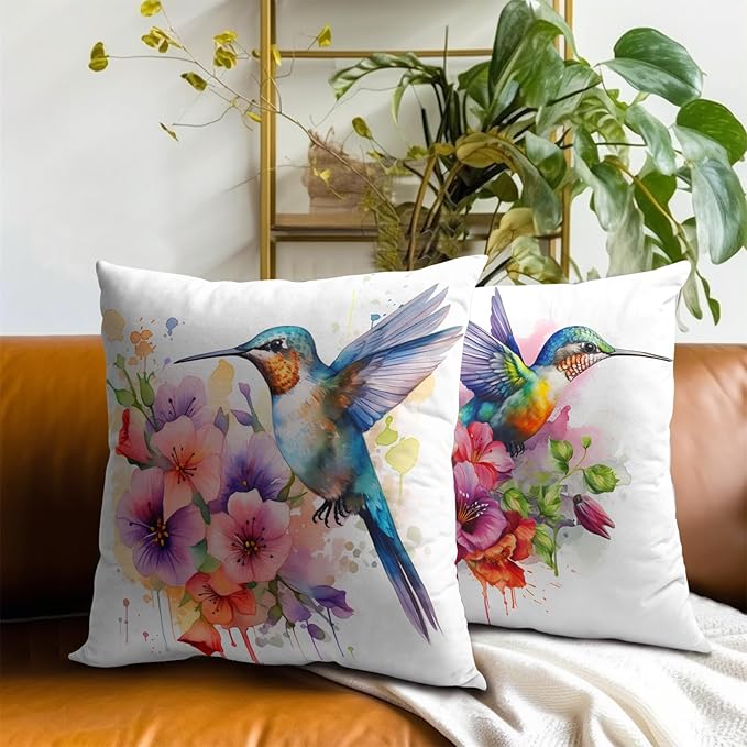 Watercolor Floral Hummingbird Pillow Cover - Colorful Bird Throw Pillow Covers Set of 2 Animal Cushion Covers 20x20 Willife Pillow Cases for Home Couch Sofa Outdoor