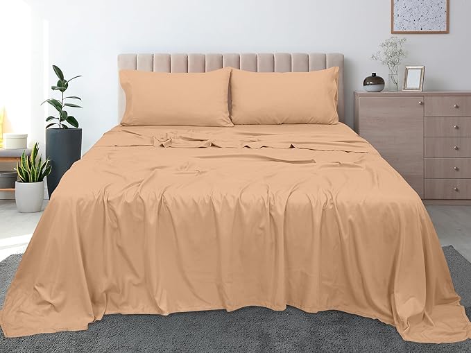 Royale Linens 300 Thread Count 100% Long Staple Combed Cotton Flat Sheet - Super Soft - Top Sheets - Queen Flat Sheet Sold Separately - Breathable, Cool & Crisp Percale Sheets Only (Queen, Sand)