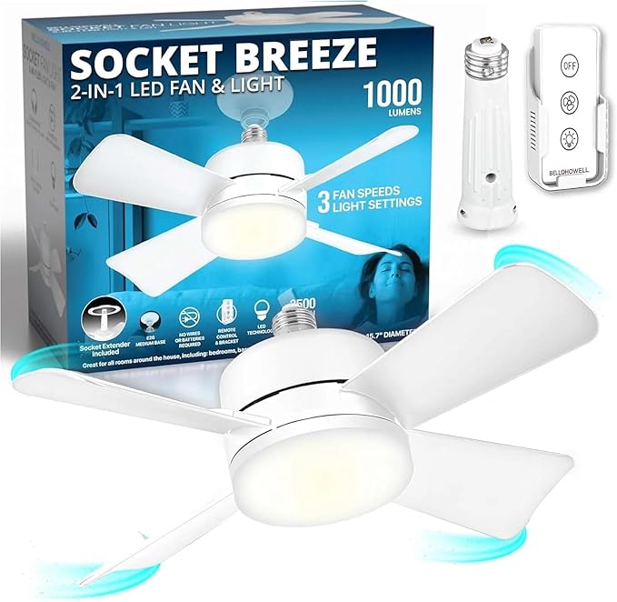 Bell+Howell Socket Breeze Modern Ceiling Fans with LED Lights, 10" LED E26/E27 Screw Base Mini Light Socket Fan with Cord for Bedroom, Living Room, Kitchen, Balcony