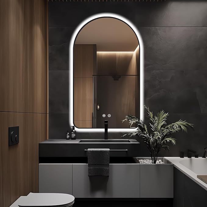 48"x30" Arched LED Bathroom Mirror, Wall Mounted Backlit Mirror with Lights Fog Free Lighted Framed Mirror Smart Anti-Fog 3 Color Temperatures Adjustable Brightness Black