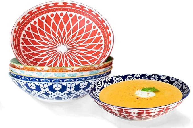 Annovero Pasta Bowls - Bowl Plates for Serving Soup, Salad, Dinner - Decorative Colorful Porcelain for Kitchen - Microwave, Dishwasher, Oven Safe - Zero Lead & Cadmium - 42 Oz - Set of 6
