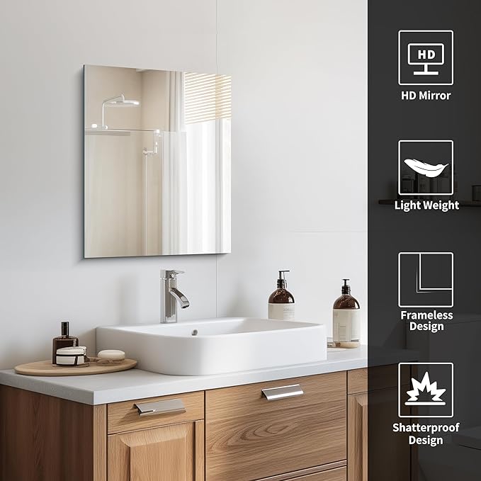 Frameless Mirror 16"x20", Rectangle Bathroom Mirror, Shatterproof Vanity Mirrors Polished Edge, Unframed Mirrors for Wall Hangs Horizontally or Vertically for Home Gym Bedroom Living Room