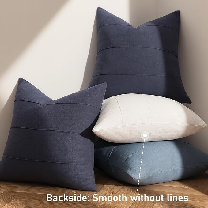 ZWJD Decorative Linen Throw Pillow Covers 18x18 Set of 2 Solid Handcrafted Striped Cushion Covers for Bed Soft Modern Farmhouse Neutral Pillowcase for Couch Bedroom Living Room Home Decor(Dark Navy)