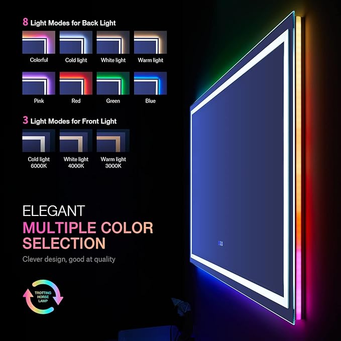 LOAAO 60”X30“ RGB LED Bathroom Mirror with Lights for Bathroom, Anti-Fog, Dimmable，Multiple Light Modes, RGB Backlit + Front Light, Memory Function, Tempered Glass