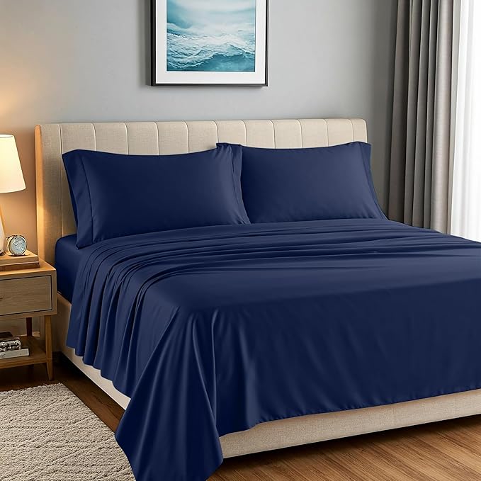Carressa Linen 100% Egyptian Cotton Sheets California King Size - 1500 Thread Count 4 PC Cal King Sheets Egyptian Cotton, Cooling Sateen Sheets, High Thread Count Sheets California King - Navy Blue