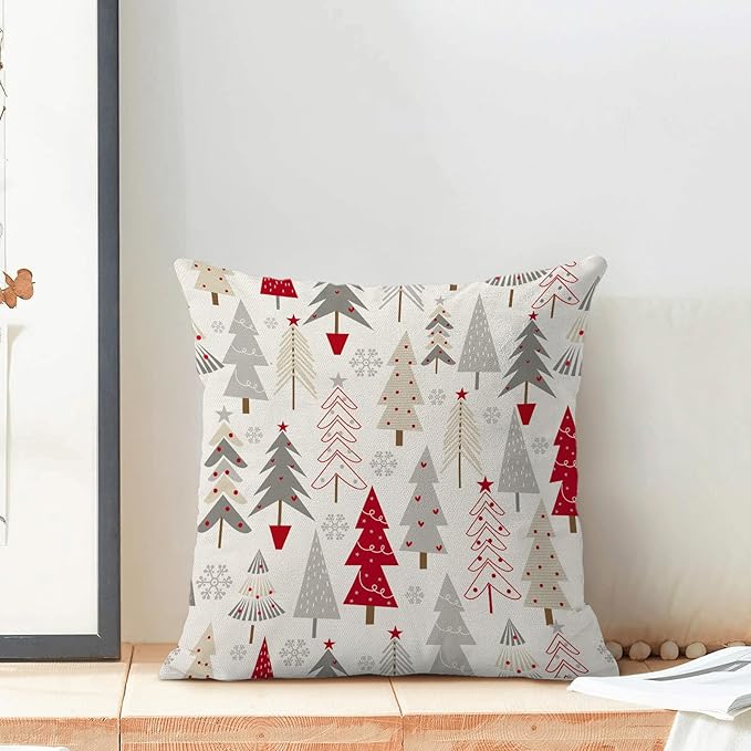 Christmas Pillow Covers 20 x 20 Inch, Colorful Red Grey Beige Christmas Tree Decor Throw Pillows for Home Couch Bed, Winter Xmas Snowflake Decorative Pillowcase Linen Cushion Cover Set of 2