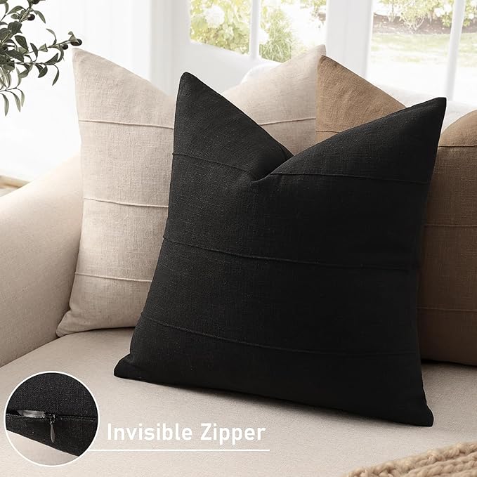 ZWJD Decorative Linen Throw Pillow Covers 18x18 Set of 2 Solid Handcrafted Striped Cushion Covers for Bed Soft Modern Farmhouse Neutral Pillowcase for Couch Bedroom Living Room Home Decor(Black)