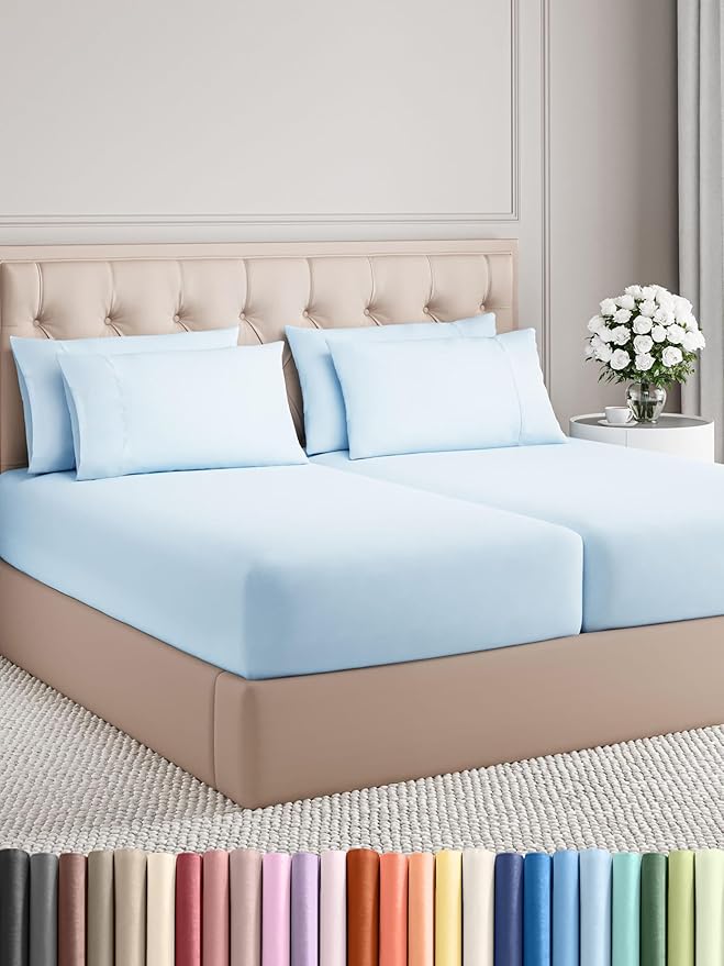 Split King Sheets Set 7 Piece - Includes 4 Pillowcases - Bed Sheets Split King - Soft Hotel Luxury Bedding - Cooling, Cozy & Breathable - 1 Flat & 2 Fitted & 4 Pillowcases w/ Deep Pockets - Baby Blue