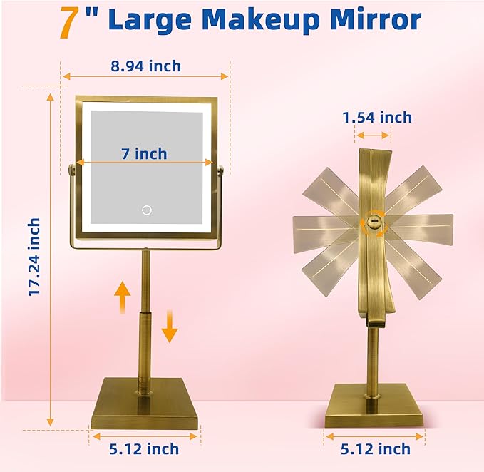 RUACQ Rechargeable Makeup Mirror, 4000mAh Lighted Makeup Mirror with Magnification 1X/10X, Height Adjustable vanity mirror with lights, 3 Color light, Adjustable Brightness,360°Rotation(Antique Brass)