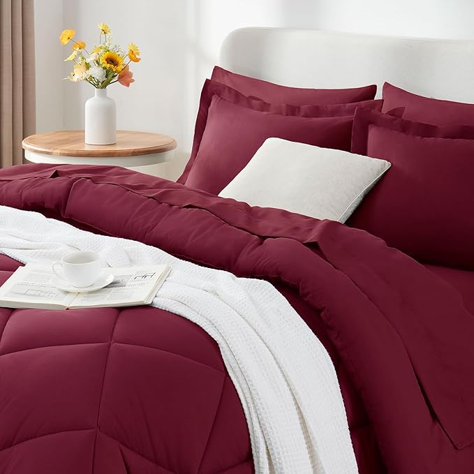 CozyLux Full Size Comforter Sets Burgundy - 7 Pieces Bed in a Bag Full, Luxury Soft Bed Set for All Seasons, Bedding Set with Down Alternative Comforter, Sheets, Pillowcases & Shams, Red