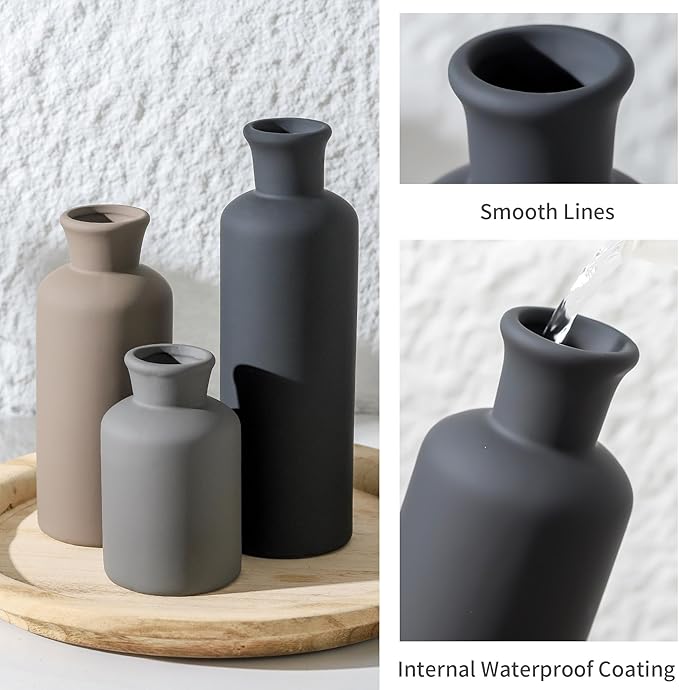 Ceramic Vase Set of 3, Neutral Vases Home Decor Rustic Farmhouse Decor Vase Terra Cotta Pottery Vases for Bouquet Pampas Grass Dried Fresh Flowers Living Room Kitchen Bedroom Bathroom - Multicolor