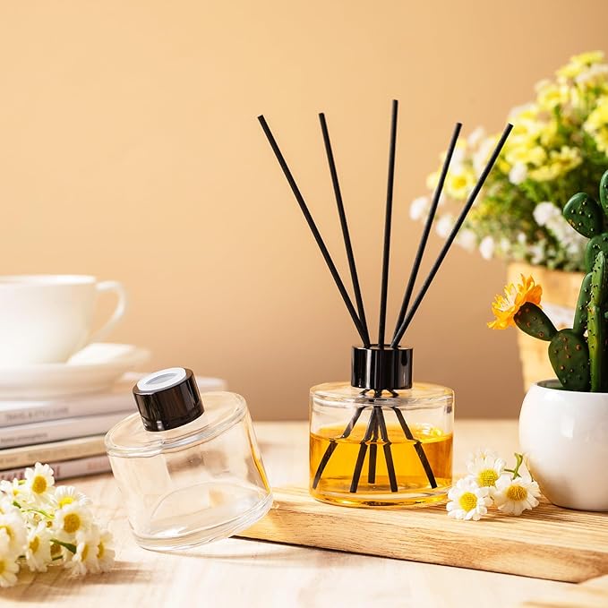 Chunful 4 Sets Reed Diffuser Bottle Empty Refillable Fragrance Glass Diffuser Bottles 100ml Round Glass Jars with Black Caps and Rattan Sticks for Living Room Home Replacement Fragrance DIY Decor