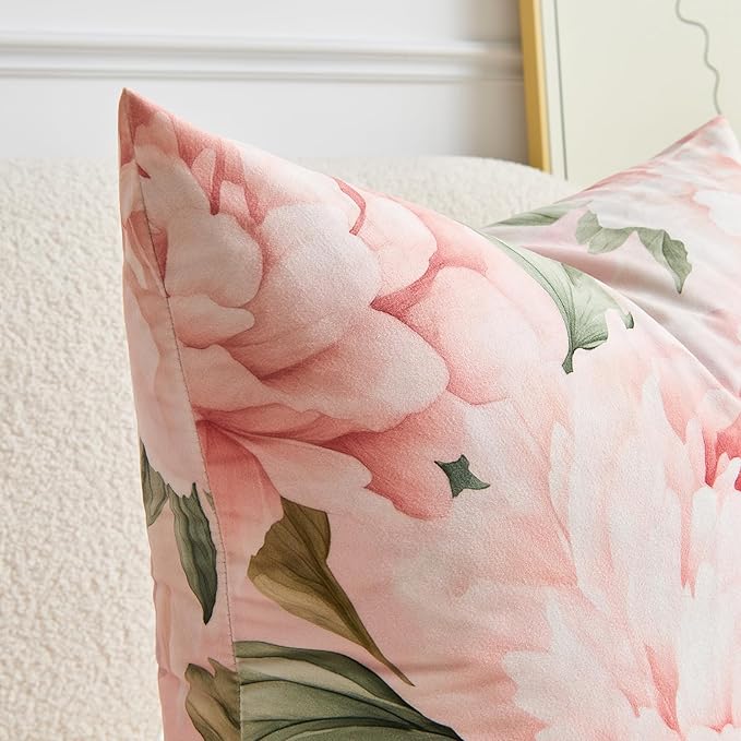 Pink Floral Throw Pillow Covers 18x18 Set of 2, Decorative Peony Flower Cushion Cases, Soft Holland Velvet Cushion Covers for Farmhouse Sofa Couch Bed Home Decor