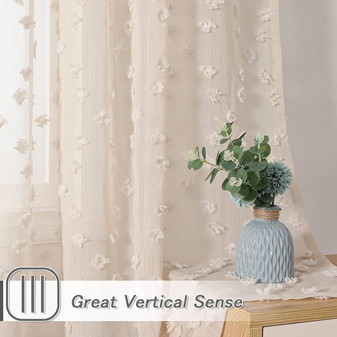 MYSKY HOME Pom Pom Beige Sheer Curtains for Bedroom Girls Room Curtains 63 inch Length for Nursery Kids Light Filtering Boho Window Drapes, Rod Pocket, 38" Wide, 2 Panels