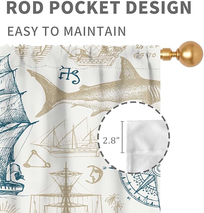Vintage Nautical Curtains, Marine Coastal Sailboat Compass Anchor Ocean Beach Whale Old Pirate Map Decorative Drapes for Bedroom Living Room Kitchen Bathroom Window 2 Panels Set, 63"x63" Inch