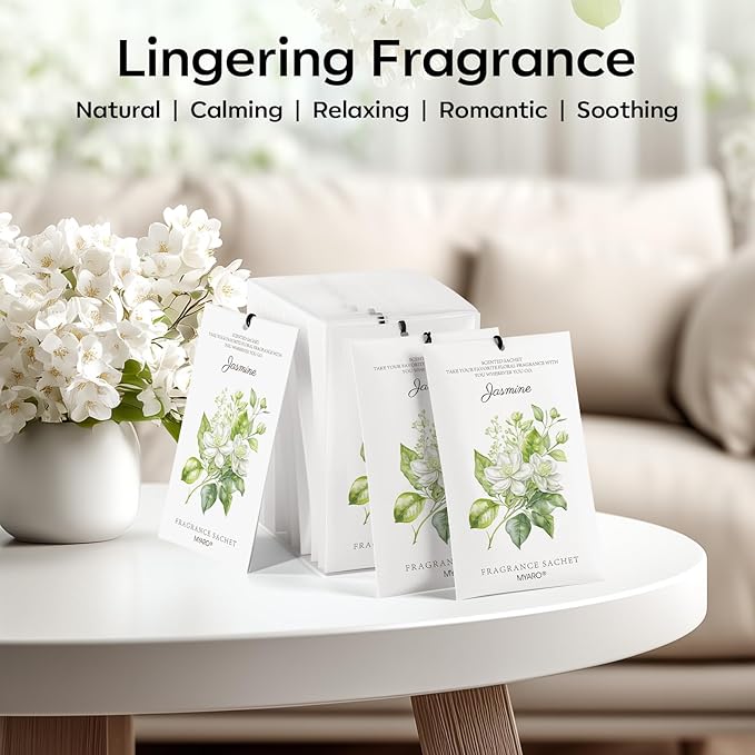 MYARO 12 Packs Jasmine Scented Sachets for Drawer and Closet, Long-Lasting Air Freshener Sachets Bags Drawer deodorizers Fresh Scents, Home Fragrance for Lover