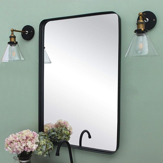 TEHOME 24x36 Matt Black Metal Framed Bathroom Mirror for Wall in Stainless Steel Matte Black Rounded Rectangular Bathroom Vanity Mirrors Wall Mounted