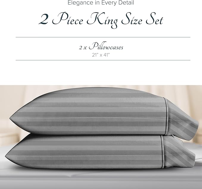 Carressa Linen 100% Egyptian Cotton Pillow Cases King Size Set of 2-1500 Thread Count Sateen Dark Grey Stripe Pillow Covers, Luxury 5 Star Hotel-Quality Pillowcases, Fits King Pillows