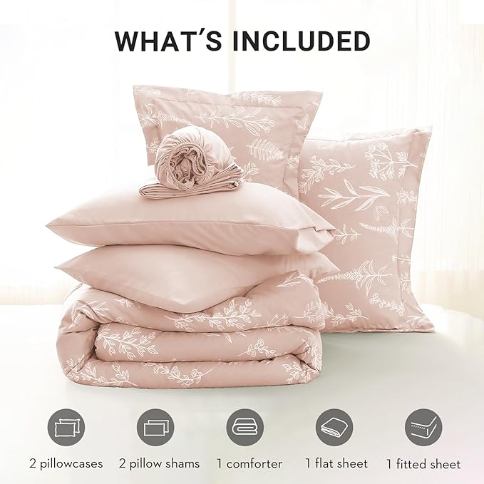 MUXHOMO Cameo Pink Full Comforter Set, Elegant Floral Print Bed in a Bag 7 Pieces, Ultra Soft & Breathable Reversible Botanical Pattern Bedding Set with Comforter, Sheets, Pillowcases, and Shams