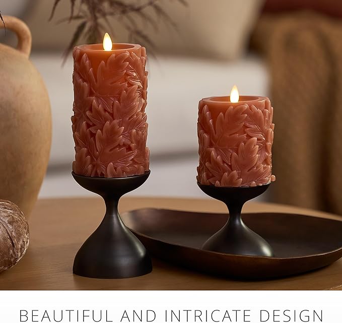 Luminara Embossed Leaves Flameless Pillar Caramel Café, Moving Flame LED Candle Real Wax Unscented Battery Operated (3.5" x 6.5")