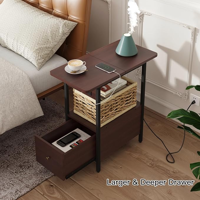 LIDYUK End Table with Charging Station, Narrow Side Table with Drawer and USB Ports & Power Outlets, Nightstand Bedside Tables for Small Spaces, Bedroom, Living Room, Dark Cherry, Set of 2