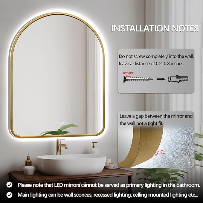 40"x30" Arched LED Bathroom Mirror, Wall Mounted Backlit Mirror with Lights Fog Free Lighted Framed Mirror Smart Anti-Fog 3 Color Temperatures Adjustable Brightness Gold