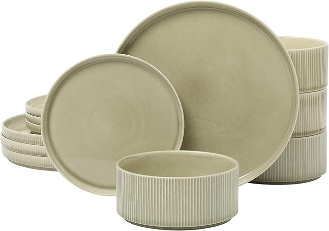 Gibson Elite Solana Coast 12 Piece Stoneware Reactive Glaze (Service for 4) Ceramic Plates and Bowls Modern Shape Embossed Dinnerware Set - Green