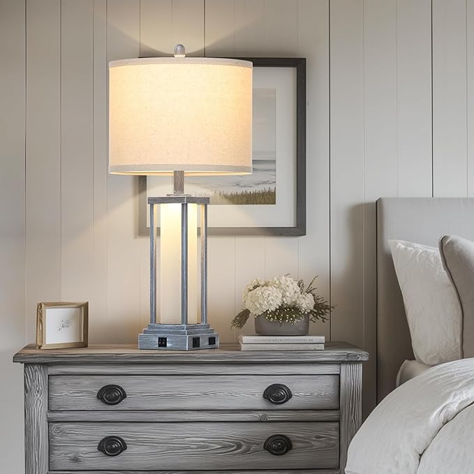 27" Tall Vintage Table Lamp Set of 2 with USB C+A & Outlet,Gray Nightstand Lamp for Living Room,Retro Bedside Lamps with Frosted Glass Night Light for Bedroom Entryway,Grey