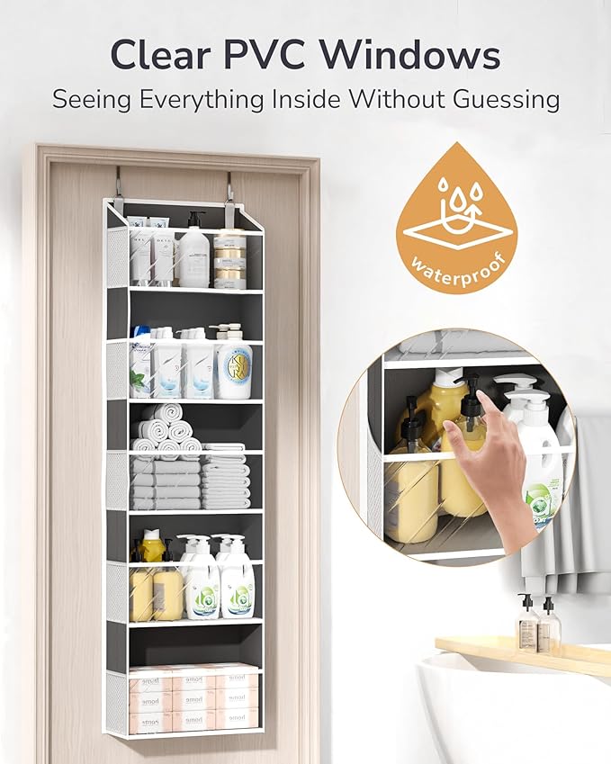 ULG 1-Pack Over Door Organizer with 5 Large Pockets 10 Mesh Side Pockets, 44 lbs Weight Capacity Hanging Storage Organizer with Clear Window for Bedroom Bathroom, RV, Clear Dark Grey