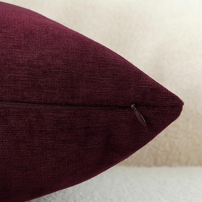 Burgundy Red Chenille Decorative Couch Throw Pillow Covers, Soft Cushion Cases for Home Livingroom Sofa Décor, Pack of 2, 20 x 20 Inches