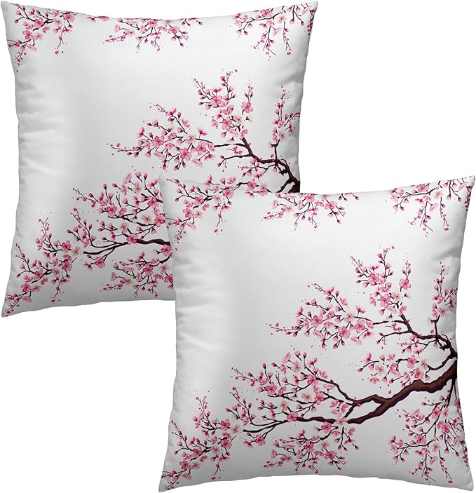 Cherry Blossom Throw Pillow Cover - Japanese Decorative Pillowcases 22x22 Inch Set of 2, Pink Flower Pillow Cases With Hidden Zipper for Home Cushion Decor