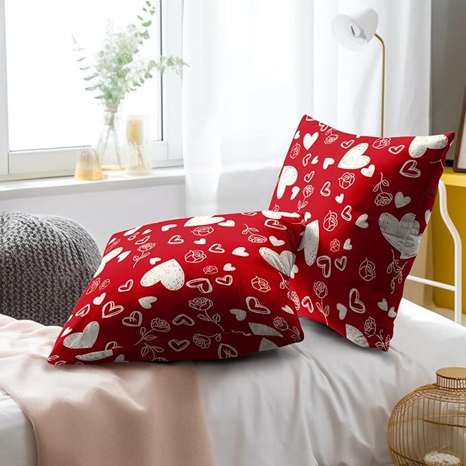 Valentines Pillow Cover - Red Hearts Throw Pillow Covers 16x16 Set of 2 Rose Flower Decorative Pillowcases for Couch Sofa Bedroom